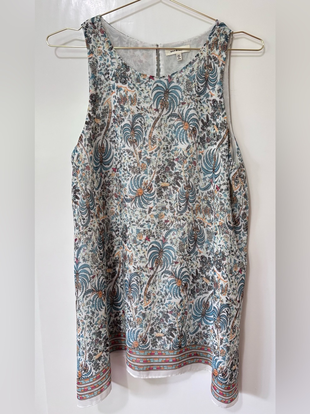 Max Studio| Cream & Blue Tropical Print A-Line Flowy Tunic Tank Blouse Sz M